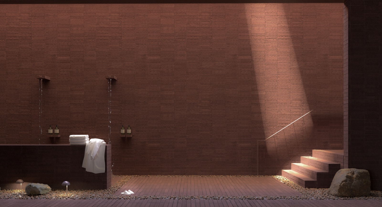 Render of the Sense of Self Sydney bathhouse: a red-brick shower wall under a shaft of light (image: RITZ&GHOUGASSIAN)