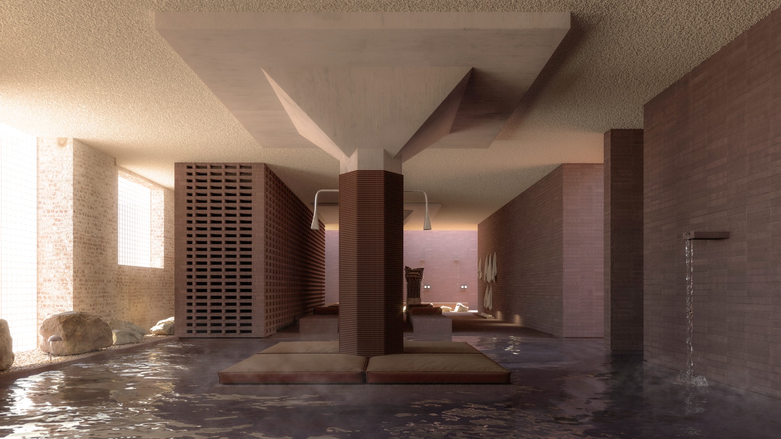 Render of the Sense of Self Sydney bathhouse: a steaming pool under a brick column (image: RITZ&GHOUGASSIAN)
