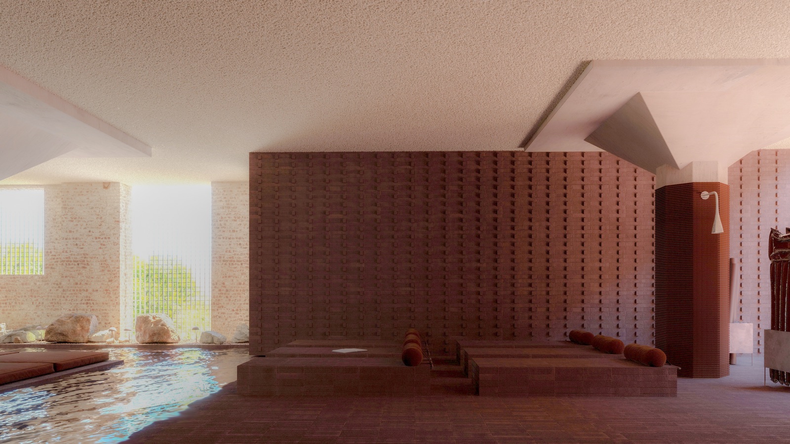Render of the Sense of Self Sydney bathhouse: stone daybeds beside the pool (image: RITZ&GHOUGASSIAN)